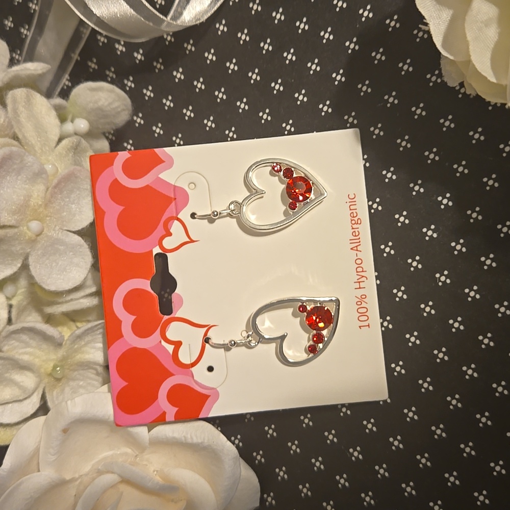 Silver Tone Floating Heart Earrings with Red Crystals NWT